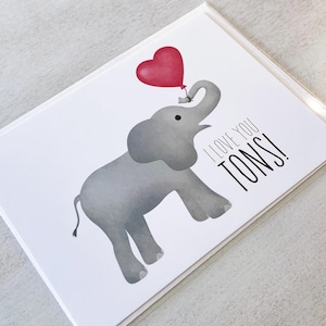 Carte de voeux - Je t'aime des tonnes, coeur d'éléphant, ballon, jeu de mots pour anniversaire Jeux de mots drôles et mignons - 5 x 7 cartes pliées avec enveloppe A7 et message à l'intérieur