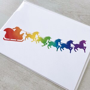 Carte de voeux - Licorne arc-en-ciel Père Noël traîneau licornes Joyeux Noël vacances amusantes - 5 x 7 cartes pliées avec enveloppe A7 et message à l'intérieur