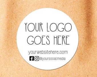 May include: White circle sticker with black text that says "YOUR LOGO GOES HERE" and "yourwebsitehere.com" with social media icons for Facebook and Instagram.