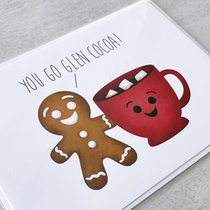 Carte de voeux - You Go Glen Coco cacao chaud joyeux Noël vacances drôles jeu de mots pour filles - 5 x 7 cartes pliées avec enveloppe A7 et message à l'intérieur