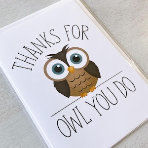 Carte de voeux - Merci pour votre chouette Carte de remerciement amusante Enseignant Hiboux Jeux de mots pour l'école Jeu de mots - Cartes pliées 5 x 7 avec enveloppe A7 et message à l'intérieur