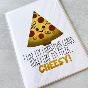 Carte de voeux - Joyeux Noël drôle de jeu de mots pour les fêtes, pizza jeux de mots au fromage Fêtes de Noël - 5 x 7 cartes pliées avec enveloppe A7 et message à l'intérieur