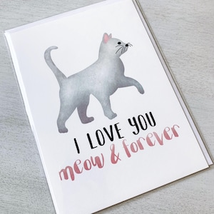 Carte de voeux - Je t'aime miaou, tu ronronnes pour toujours Jeux de mots pour anniversaire de la Saint-Valentin - 5 x 7 cartes pliées avec enveloppe A7 et message à l'intérieur