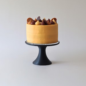 May include: A round cake with smooth golden-yellow frosting, topped with alternating dark brown and light tan frosting dollops and thin chocolate discs, resting on a black pedestal cake stand with a circular base and a flared stem.