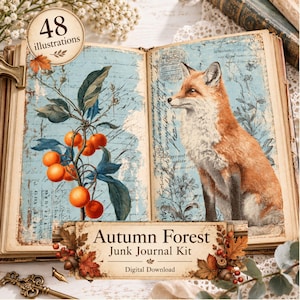 Peut inclure: Un livre ouvert montrant des pages au fond bleu vintage, avec une branche de baies orange à gauche et une illustration de renard à droite. Une étiquette indique 48 illustrations et une bannière affiche Autumn Forest Junk Journal Kit.