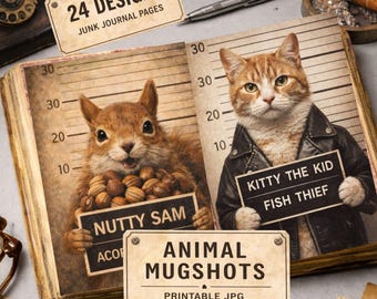 Animal Junk Journal Kit Ephemera, 24 ontwerpen met katten- en hondenportretten, grappig vintage scrapbookpapier, collagevellen, printbare PDF- en JPG-bestanden