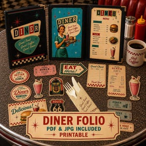 May include: A collection of vintage diner-themed printables, including menus, signs, and a folio. The items feature retro graphics, a color palette of red, teal, and cream, and the text "Diner" and "Good Food, Good Coffee, Good Times!"