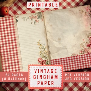 Vintage Gingham Digitaal Papierpakket, Cottagecore Junk Journal Pagina's, Printbare Bloemenachtergronden, Rood Geruit Papier, PDF JPG Download