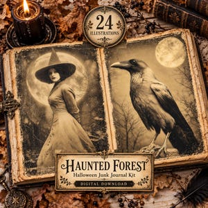 Peut inclure: Un livre ouvert présentant des illustrations sépia d'une sorcière au chapeau pointu et d'un corbeau devant une pleine lune. Un badge circulaire indique 24 ILLUSTRATIONS. Une étiquette rectangulaire affiche le texte HAUNTED FOREST Halloween Junk Journal Kit.
