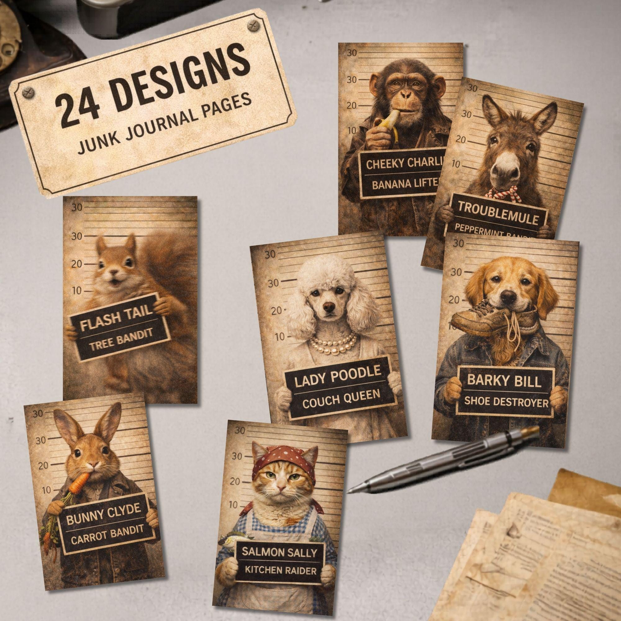 Animal Junk Journal Kit Ephemera, 24 Cat and Dog Mugshots Designs ...