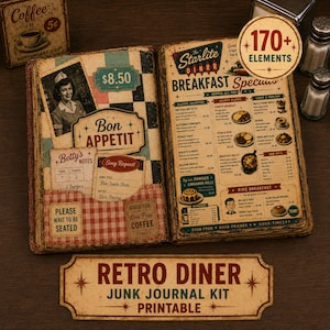 Peut inclure: Un kit de journal vintage sur le thème du diner rétro. L'image présente un menu de diner, un panneau "Bon Appétit" et un panneau "Retro Diner". Le kit comprend des éléments imprimables tels que des menus, des notes et des enseignes.