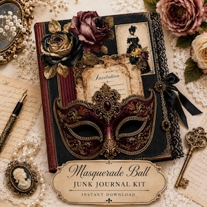 May include: A junk journal kit featuring a black cover decorated with a dark red masquerade mask, artificial roses, and an invitation card. The kit includes a black ribbon, a vintage-style key, a cameo brooch, and a fountain pen on paper.