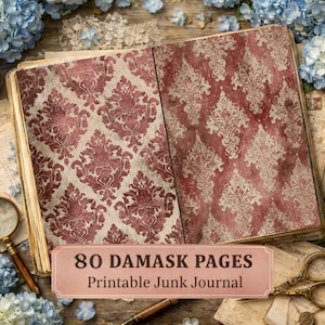 Peut inclure: Un journal de junk ouvert avec 80 pages damassées. Les pages présentent un motif damassé rouge et crème. Le texte sur l'image indique "80 DAMASK PAGES Printable Junk Journal". Le journal est entouré d'objets de style vintage.