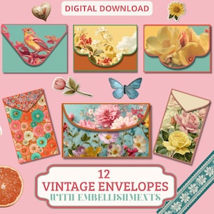 Peut inclure: Un ensemble de téléchargement numérique comprenant 12 enveloppes vintage avec des motifs floraux et d'oiseaux, accompagnées de divers ornements dont un champignon, un papillon, une tranche d'agrume, un oiseau et des autocollants floraux.