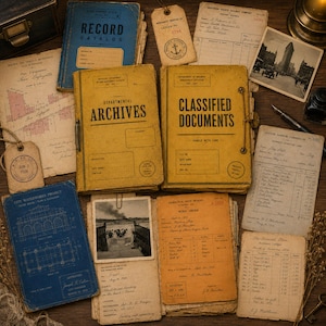 Op de afbeelding: Een verzameling vintage documenten, waaronder twee gele mappen met het label Departmental Archives en Classified Documents, een blauwe Record Catalog, diverse verouderde papieren formulieren, een blauwdruk van een waterwerkproject en twee zwart-witfoto's.