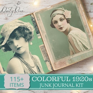 Peut inclure: Un kit de journal vintage avec deux portraits de femmes des années 1920. Les images sont dans un format de livre avec un fond vert et turquoise. Le texte indique "115+ ITEMS" et "COLORFUL 1920s JUNK JOURNAL KIT".