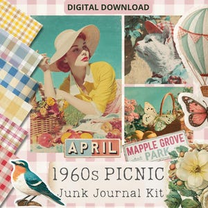 Retro skräpjournal från 1960-talet, vintage-ephemerasamling, matrecept- och klipppaket, picknickjournalelement, digital sommarnedladdning