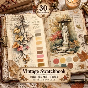 Peut inclure: Un journal de scrapbooking vintage ouvert présentant des illustrations sur le thème de l'automne, dont une statue en pierre, du lierre grimpant et des nuanciers. Le texte inclut 30 Illustrations, Still here with the colours of fall, et Vintage Swatchbook.