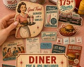Vintage Diner Ephemera Printable Kit, Retro Fussy Cuts, Junk Journal Ephemera, Americana Scrapbook Papers, Diner Collage Sheets