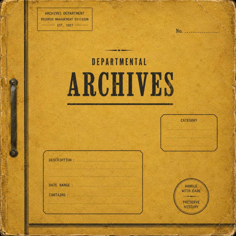 Op de afbeelding: Een mosterdgele archiefmap met een verweerde textuur, voorzien van de tekst DEPARTMENTAL ARCHIVES, een vak voor categorie en secties voor beschrijving, datumbereik en inhoud. Aan de linkerkant van de omslag is een metalen handvat bevestigd.