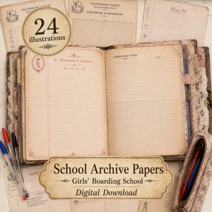 May include: A collection of vintage-style school archive papers featuring an open notebook with St. Margaret's Academy branding, laboratory notes, grid paper, and lined sections. The set includes 24 illustrations of stationery.
