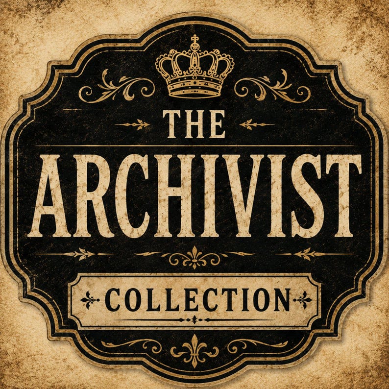 Op de afbeelding: Een zwart, sierlijk, schildvormig bord met een verweerde beige rand. Het bevat een gouden kroonpictogram bovenaan, de tekst THE ARCHIVIST in grote hoofdletters en het woord COLLECTION gecentreerd in een rechthoekig kader onderaan.