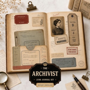 May include: An open book featuring vintage-style ephemera, including a sepia portrait of a person, archival document labels, a barcode, and handwritten notes. The pages contain various paper inserts, stamps, and text such as References, Section B, Shelf 4, Box 12, and Do Not Remove From Archive.