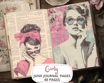 Pagina's met vrouwelijke thema's voor een junk journal kit, vintage roze mode digitaal papier, vrouwelijke scrapbook ephemera, jaren 1950, jaren 1960, printbare kunst download