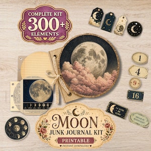 Könnte beinhalten: Eine Sammlung druckbarer Elemente für Mond-Themen-Junk-Journals. Enthält Tags, Etiketten und ein rundes Bild des Mondes, umgeben von Wolken. Das Kit enthält über 300 Elemente. Der Text enthält "Moon Junk Journal Kit" und "Printable".