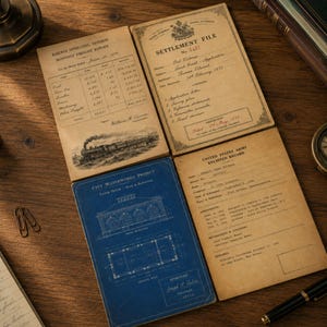 Op de afbeelding: Vier rechthoekige documenten met tekst en illustraties in vintage-stijl. E&eacute;n is een blauwe blauwdruk van een waterleidingproject, terwijl de andere drie beige papieren zijn met de titels Railway Operating Division, Settlement File en United States Army Enlisted Record.