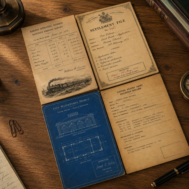Op de afbeelding: Vier rechthoekige documenten met tekst en illustraties in vintage-stijl. E&eacute;n is een blauwe blauwdruk van een waterleidingproject, terwijl de andere drie beige papieren zijn met de titels Railway Operating Division, Settlement File en United States Army Enlisted Record.