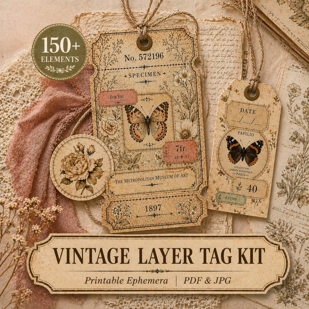 Floral Layer Tags Junk Journal, Butterfly Ephemera, Vintage Printable ...