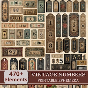 May include: A collection of vintage-style number tags and labels in various shapes and sizes. The color palette includes shades of brown, blue, and gold, with some tags featuring decorative borders. The image includes the text "470+ Elements" and "Vintage Numbers Printable Ephemera."
