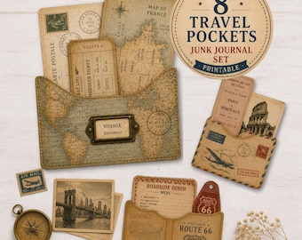 May include: A collection of vintage-style travel-themed ephemera, including pockets, postcards, tickets, and a compass. The set includes a pocket with a world map design, a Route 66 tag, and the text "8 Travel Pockets Junk Journal Set Printable."
