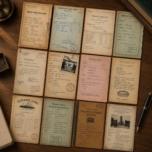 Op de afbeelding: Een verzameling van twaalf papieren documenten in vintage-stijl met diverse historische ontwerpen, waaronder een sanitair inspectierapport, een vrachtbrief voor het spoor, een telegram, een bouwvergunning en een passagierslijst met een schip.
