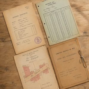 Op de afbeelding: Vier vintage papieren documenten, waaronder een beige Dossier Individuel, een lichtgroen Registre des Journali&egrave;res met numerieke tabellen, een beige Service des Travaux Municipaux kaart van Rue Lafayette en een beige Comptoir Agricole du Midi grootboek.