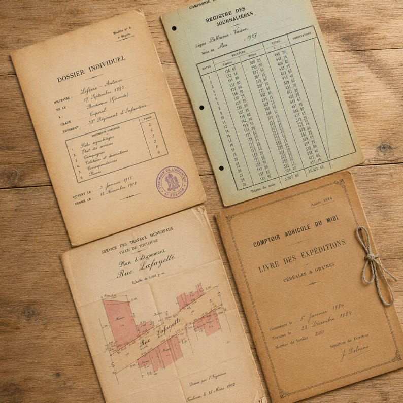Op de afbeelding: Vier vintage papieren documenten, waaronder een beige Dossier Individuel, een lichtgroen Registre des Journali&egrave;res met numerieke tabellen, een beige Service des Travaux Municipaux kaart van Rue Lafayette en een beige Comptoir Agricole du Midi grootboek.