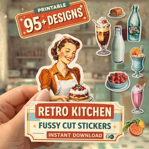 Peut inclure: Une collection d'autocollants découpés à thème rétro cuisine. Les autocollants présentent des illustrations de desserts, de milkshakes et d'une femme tenant un gâteau. Le texte sur les autocollants indique "95+ Designs", "Retro Kitchen", "Fussy Cut Stickers" et "Instant Download".