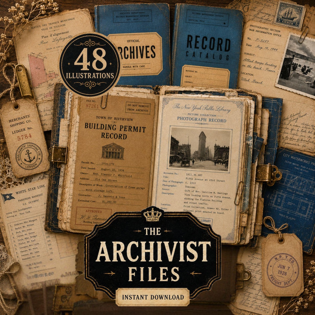 Archivist Junk Journal Kit Printable | Vintage Archive Documents Ephemera | Double Pages, 