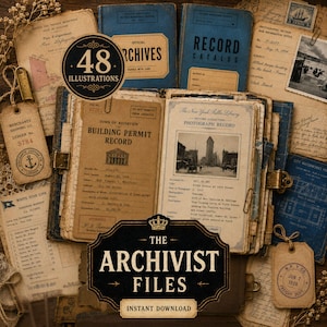 Peut inclure: Une collection d'éphémères de style vintage comprenant un livre ouvert avec des permis de construire et des registres photographiques, entouré de divers documents vieillis, d'étiquettes d'expédition et de dossiers d'archives bleus.