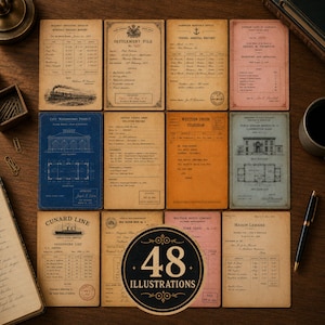 Op de afbeelding: Een verzameling van twaalf rechthoekige papieren documenten in vintage-stijl met diverse historische ontwerpen, waaronder een treinillustratie, architecturale blauwdrukken, telegrammen en inventarislijsten, met een rond label met 48 ILLUSTRATIONS.