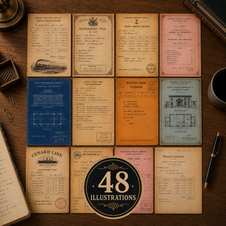 Op de afbeelding: Een verzameling van twaalf rechthoekige papieren documenten in vintage-stijl met diverse historische ontwerpen, waaronder een treinillustratie, architecturale blauwdrukken, telegrammen en inventarislijsten, met een rond label met 48 ILLUSTRATIONS.