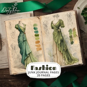 Puede incluir: Diario basura abierto con ilustraciones de moda de elegantes vestidos verdes. Las páginas muestran bocetos y muestras de color, con el texto "Fashion Junk Journal Pages 20 Pages" en un óvalo blanco.