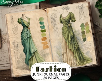 May include: Open junk journal featuring fashion illustrations of elegant green gowns. The pages display sketches and color swatches, with the text "Fashion Junk Journal Pages 20 Pages" in a white oval.