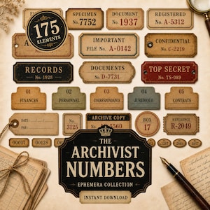 Peut inclure: Une collection d'étiquettes et de vignettes en papier de style vintage présentant divers titres administratifs tels que Specimen, Document, Registered, Important, Confidential, Records, Top Secret, Finances, Personnel, Correspondence et Archive Copy avec des numéros.