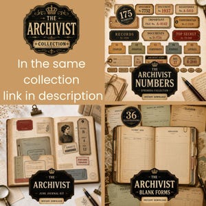 Op de afbeelding: Een digitale collectie van vintage-stijl ephemera, inclusief papieren labels, dossierlabels en blanco formulieren met verouderde texturen. De set bevat diverse documentontwerpen, archiefstempels en genummerde labels in tinten beige, bruin en gedempt groen.