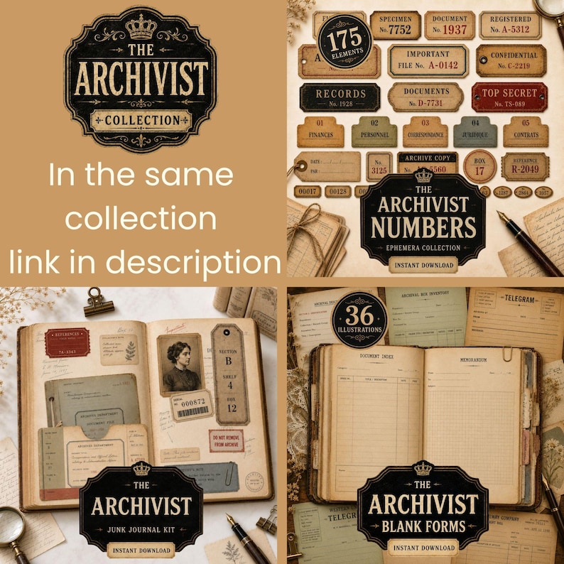 Op de afbeelding: Een digitale collectie van vintage-stijl ephemera, inclusief papieren labels, dossierlabels en blanco formulieren met verouderde texturen. De set bevat diverse documentontwerpen, archiefstempels en genummerde labels in tinten beige, bruin en gedempt groen.