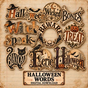 Könnte beinhalten: Eine Sammlung von Halloween-Dekorationsausschnitten mit Texten wie Halloween, Wicked, Bones, Witch, Beware, Spooky, Treat, Black Cat, Eerie und Halloween, ergänzt durch Illustrationen von Kürbissen, Totenköpfen, Fledermäusen und einer Katze.