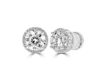 Sterling Silver Halo Moissanite Stud Earrings - GRA Certified