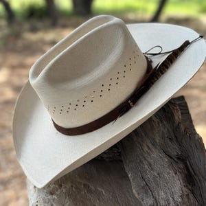Brown Cowskin Hatband|Hat band: Feather & Silver Bead Accent - Adjustable Fit